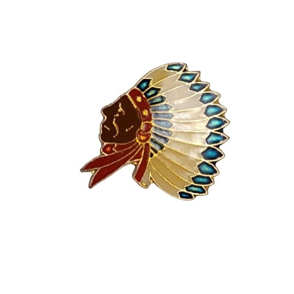 Vintage 1970s Native American with Headdress Cloisonne Enamel Lapel Pin - Picture 1 of 3